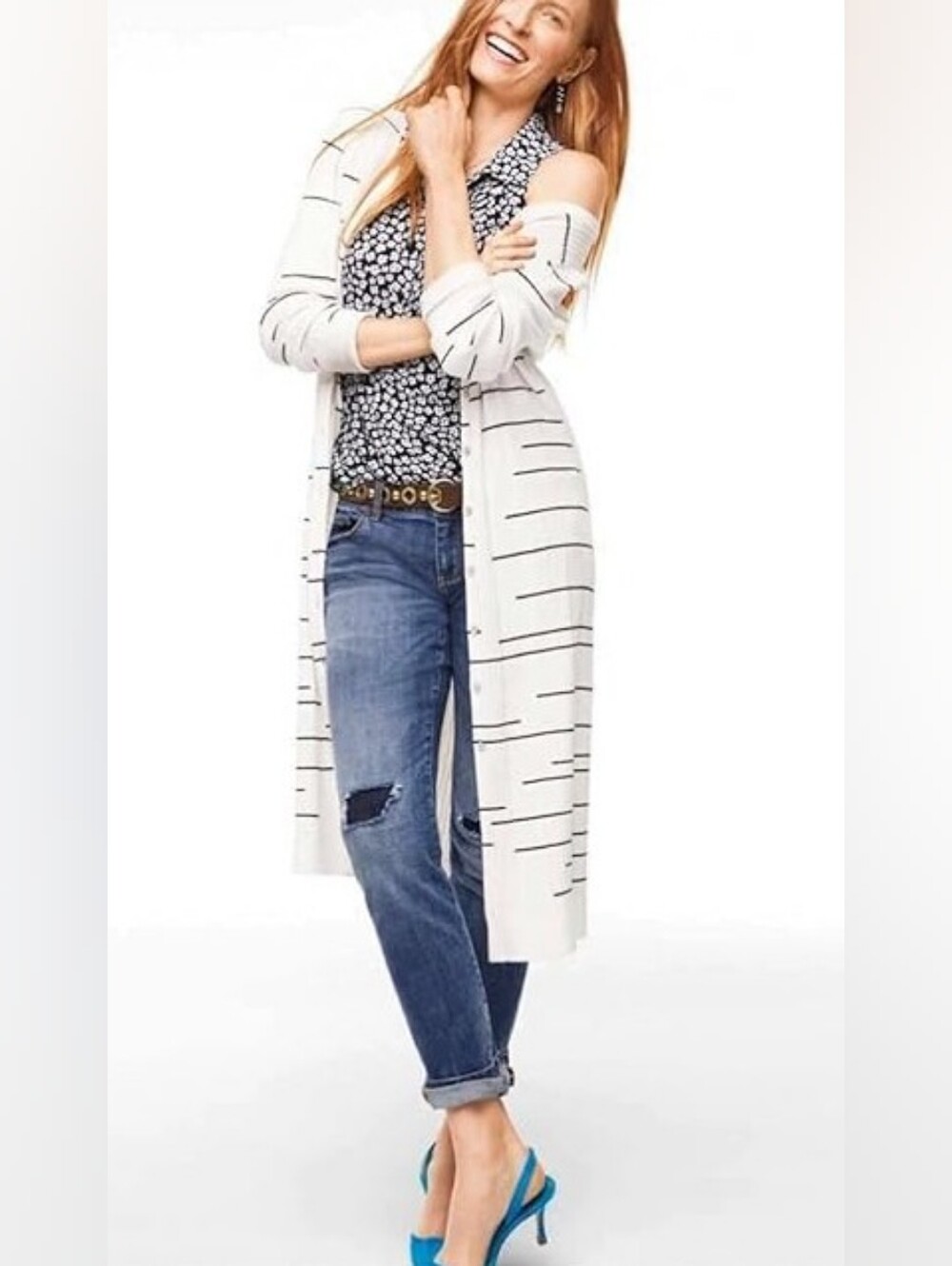 CAbi Cream Knit Ribbed Striped Long Cardigan With Long Sleeves Misses Size XS